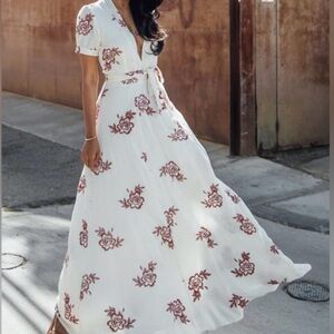 Anthropologie On The Road White Maxi Dress with Red Floral Design